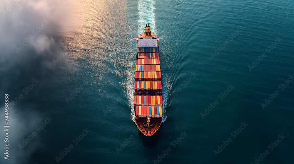 Aerial view of a colorful container ship cutting through the open sea, with a beautiful sunset painting the sky in warm hues. Aerial view of a colorful container ship cutting through the open sea, with a beautiful sunset painting the sky in warm hues.