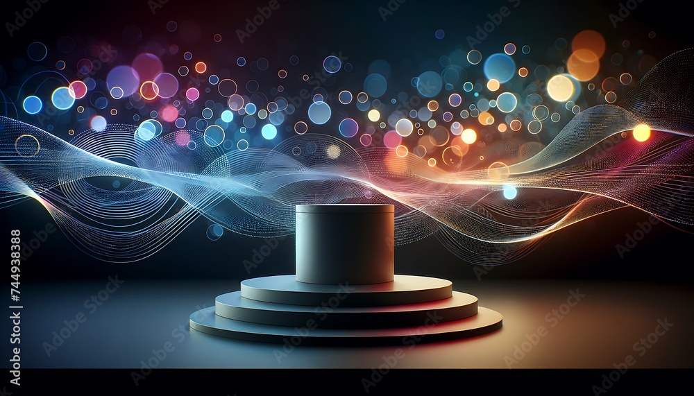 Modern minimalist podium, abstract bokeh art. 3d stage for product display. an abstract platform for product presentation. podium for advertisement. tech products mockup. - obrazy, fototapety, plakaty 