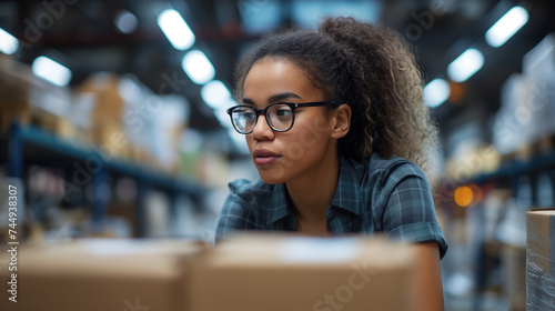 A young, confident female warehouse employee looking over her shoulder with a focused expression in a busy storage facility.