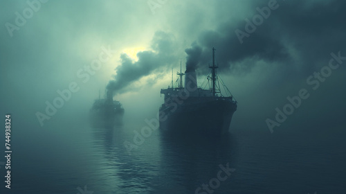 Two freight ships emerge from the mist, their stacks billowing smoke into the moody, overcast sky above the calm sea.