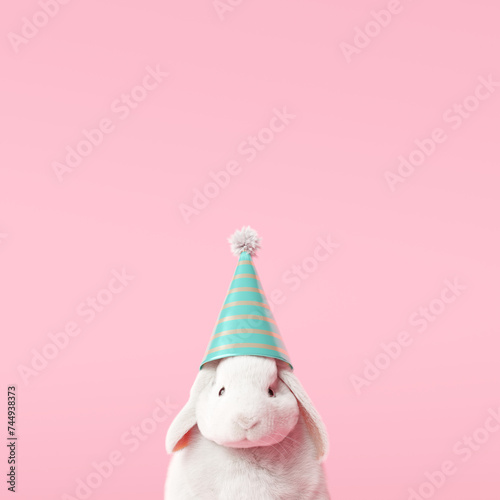 Happy Easter day, bunny with party hat on pastel pink background. 3d rendering
