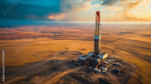 An oil drilling rig stands isolated in the vast desert, captured during the golden hour of sunset, symbolizing energy exploration. photo