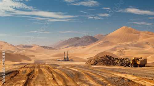An oil drilling rig stands isolated in the vast desert, captured during the golden hour of sunset, symbolizing energy exploration.