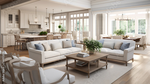 A transitional-style sofa set in soft neutral tones, arranged in an open-concept living space with a seamless flow into the dining area and kitchen.