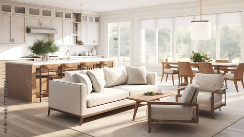 A transitional-style sofa set in soft neutral tones, arranged in an open-concept living space with a seamless flow into the dining area and kitchen.