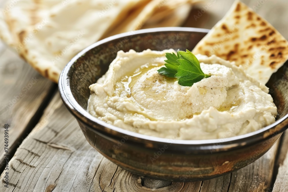 Bowl of hummus topped with olive oil and a parsley leaf with flatbread