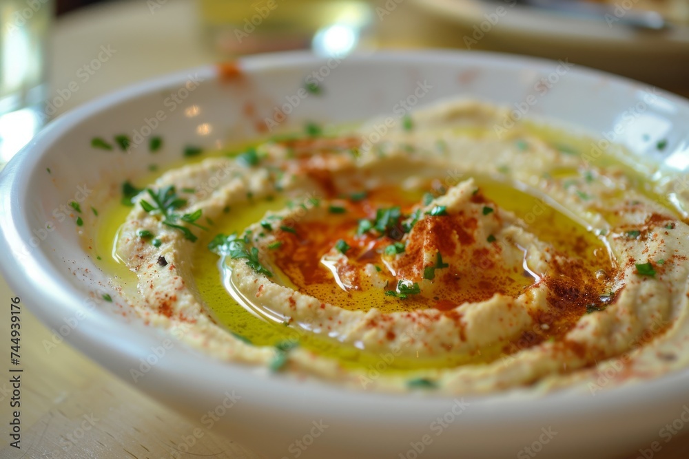 Close-up of hummus in a bowl garnished with parsley and paprika Close-up of hummus in a bowl garnished with parsley and paprika
