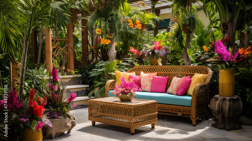 A tropical paradise-themed patio with a bamboo sofa set, lush greenery, and colorful floral arrangements.