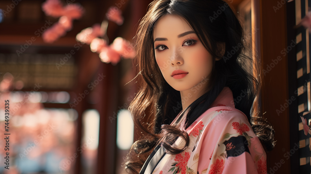 Japanese woman wear pink yukata in front of Sensoji Temple Japanese woman wear pink yukata in front of Sensoji Temple