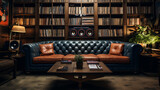 A vintage-inspired den with a tufted leather sofa set, dark wood paneling, and a collection of classic vinyl records.