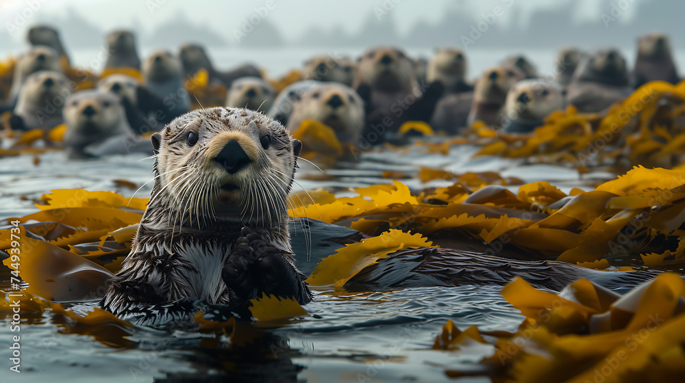 Um grupo brincalhão de lontras-marinh as flutuando entre algas-marinhas. - obrazy, fototapety, plakaty 