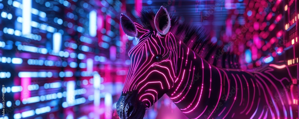 Neon-lit zebra leading a cyber crime syndicate, digital money codes embedded in its stripes - obrazy, fototapety, plakaty 