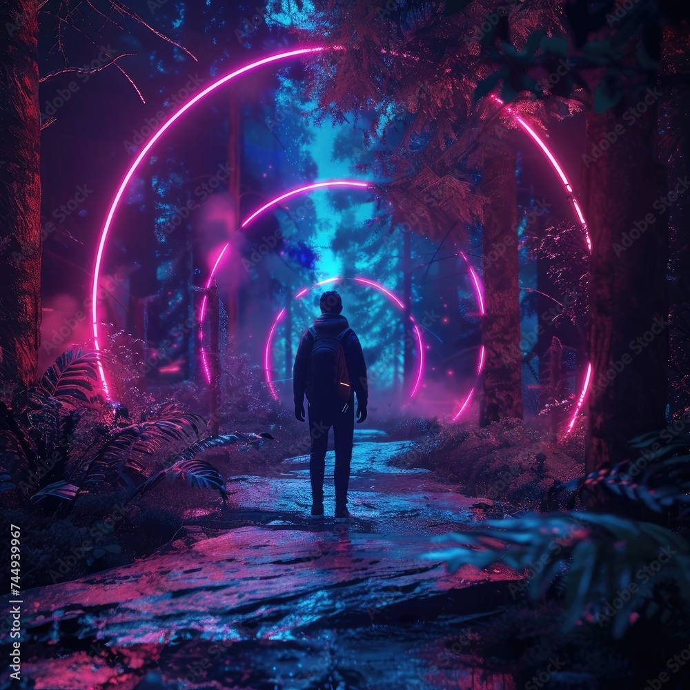 Time traveler emerging in a neon-lit dark forest, mysterious lights guiding the path - obrazy, fototapety, plakaty 