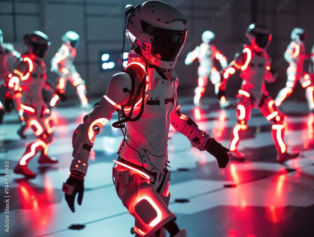 Obraz premium Virtual reality arcade, players in motion-capture suits, immersive digital worlds