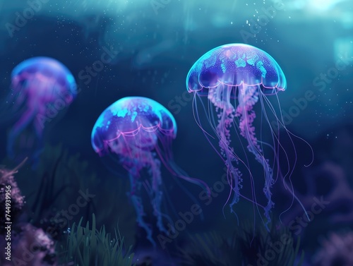Neon jellyfish floating in an underwater habitat, with bioluminescent algae