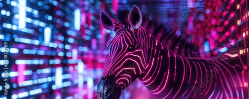 Neon-lit zebra leading a cyber crime syndicate, digital money codes embedded in its stripes photo