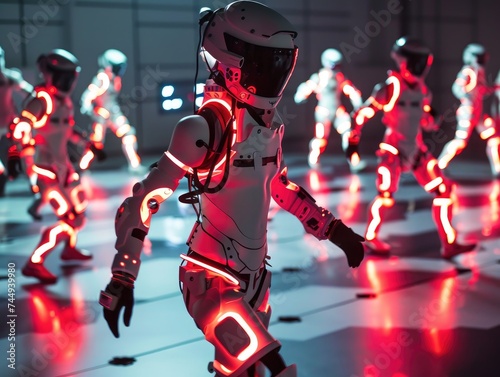 Virtual reality arcade, players in motion-capture suits, immersive digital worlds