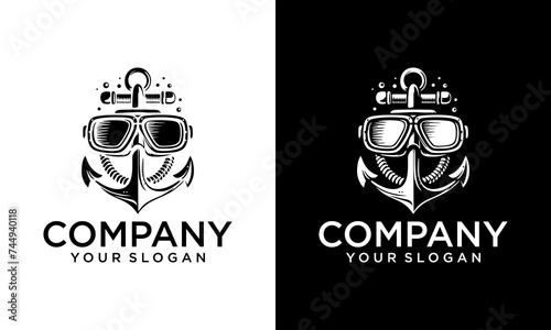 Creative logo with anchor elements and diving goggles. Can be used for commercial diving companies.