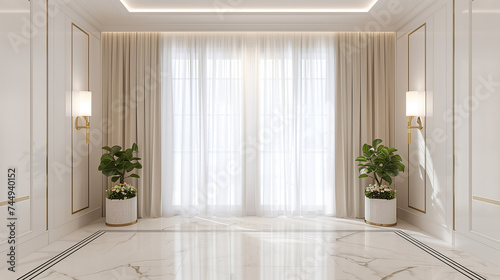 Luxury living room with white walls, tiled floor and large window. Interior of luxury hotel room with white walls, tiled floor, white ceiling and large window.