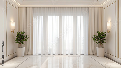 Luxury living room with white walls, tiled floor and large window. Interior of luxury hotel room with white walls, tiled floor, white ceiling and large window.