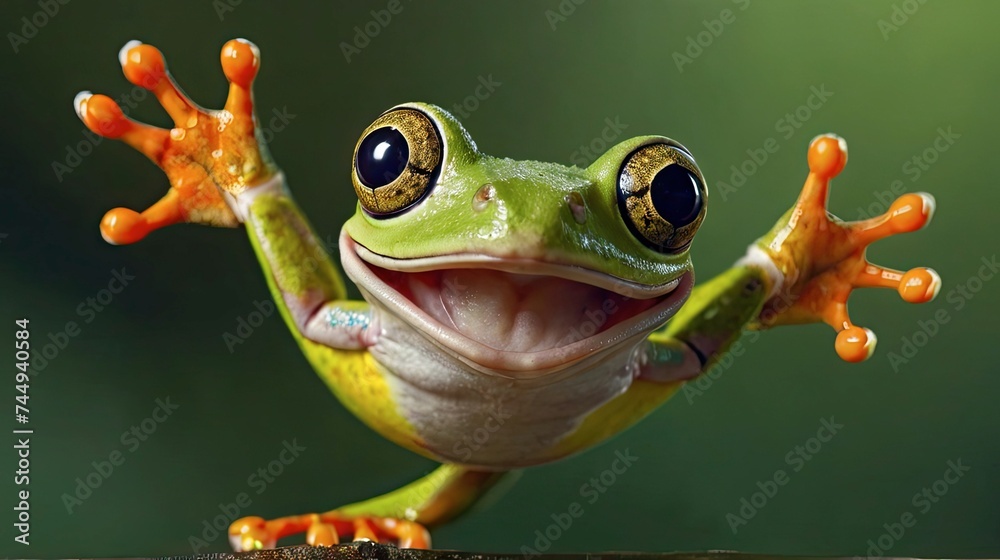 With a chuckle, a flying tree frog leaps into the air, catching updrafts to soar above the forest floor. - obrazy, fototapety, plakaty 