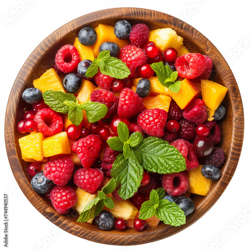 top view of juicy raspberry fruit salad in a wooden bowl isolated on a white transparent background