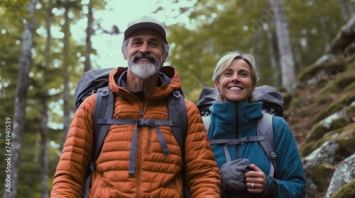middle aged couple hiking outdoors in forest