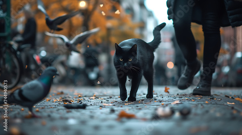 Um elegante gato preto explora a cidade enquanto brinca entre pedestres e bicicletas contrastando com o ambiente urbano photo