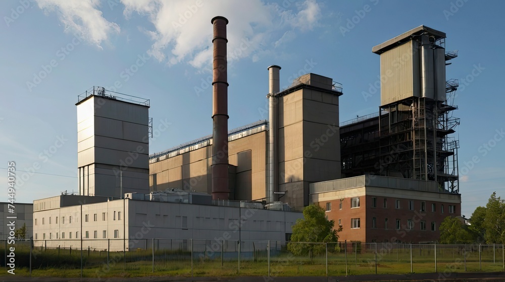 A view of a waste-to-energy facility shows its chimney and architectural faces.