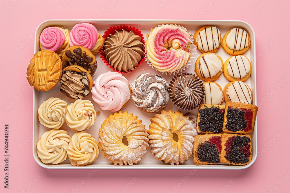 A tray of assorted cookies and pastries on a solid pink background. A tray of assorted cookies and pastries on a solid pink background.