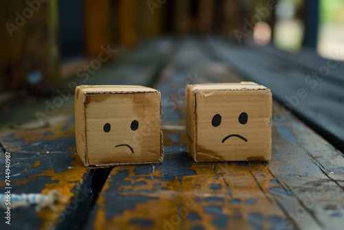 Two boxes of sad faces with emotions on a wooden deck, in the style of unpolished authenticity, blocky
