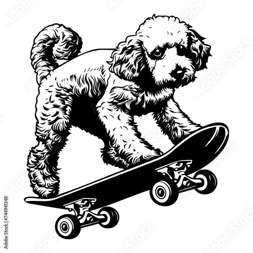 French poodle dog playing Skateboard