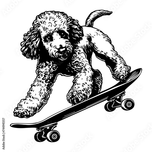 French poodle dog playing Skateboard