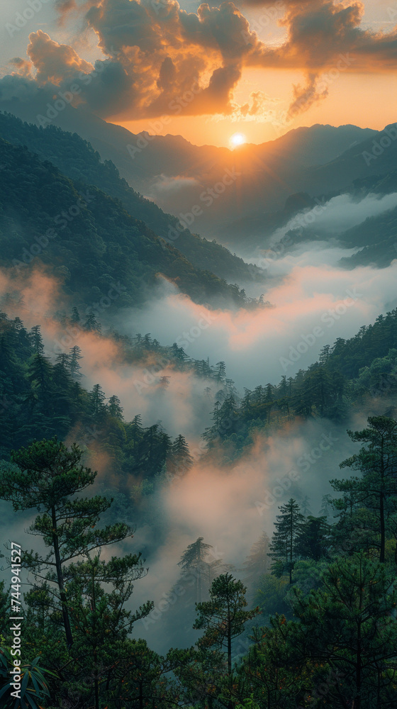 Fototapeta premium sharp jagged yellow mountains of Huangshan China covered in fog and clouds,generative ai