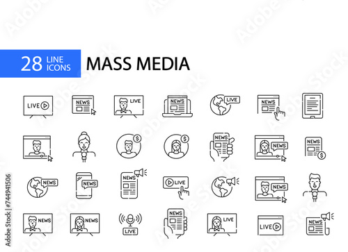 Livestream tv, mass media news and apps. Pixel perfect, editable stroke icons set 