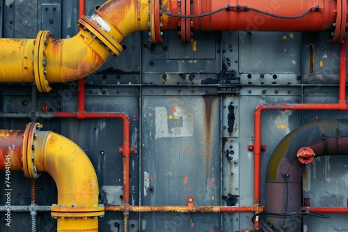 A detailed view of vibrant yellow and red industrial pipes mounted on a gray metal wall with visible rust and wear.