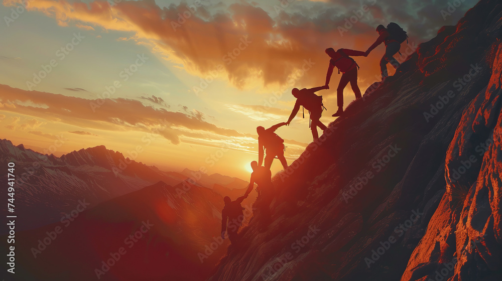 Panoramic view of team of people holding hands and helping each other reach the mountain top in spectacular mountain sunset landscape. Business background Panoramic view of team of people holding hands and helping each other reach the mountain top in spectacular mountain sunset landscape. Business background