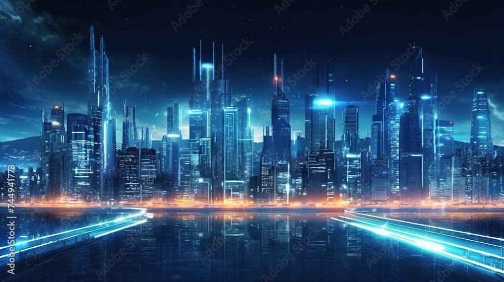 urban views with tall buildings at night filled with beautiful light