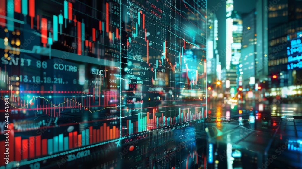 A visually intricate depiction of stock market data overlaying a bustling cityscape at night, symbolizing the dynamic world of finance