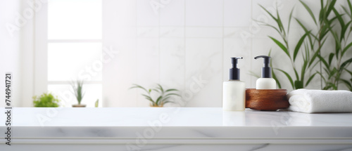 Mockup space for Montage product Minimalist white bathroom interior. Empty marble table top for product display with blurred bathroom interior background. © ND STOCK
