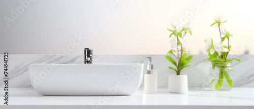 Mockup space for Montage product Minimalist white bathroom interior. Empty marble table top for product display with blurred bathroom interior background.