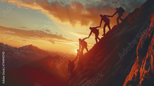 Panoramic view of team of people holding hands and helping each other reach the mountain top in spectacular mountain sunset landscape. Business background  © Mentari