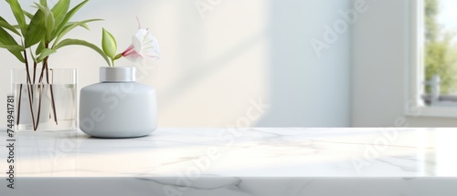 Mockup space for Montage product Minimalist white bathroom interior. Empty marble table top for product display with blurred bathroom interior background.