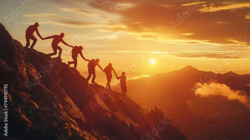Panoramic view of team of people holding hands and helping each other reach the mountain top in spectacular mountain sunset landscape. Business background 