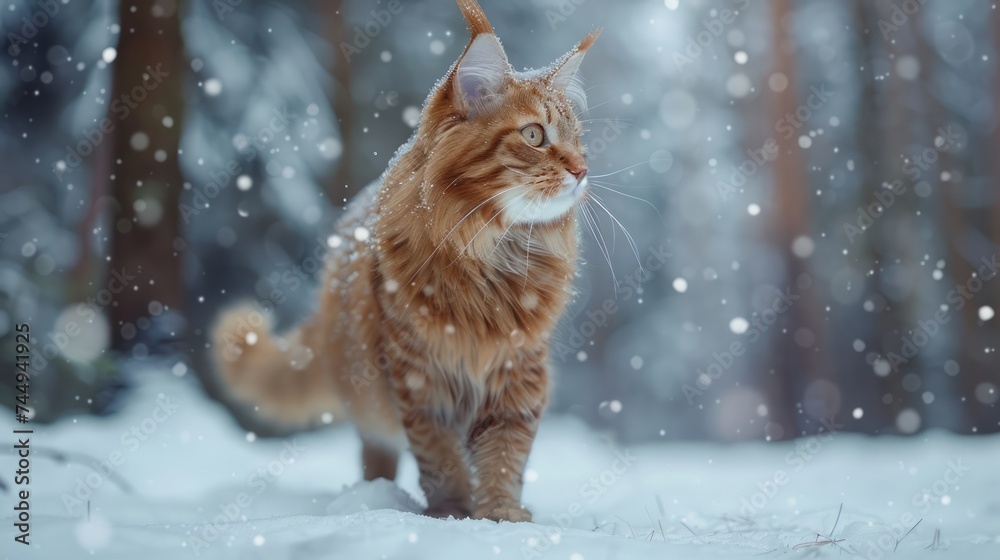 Majestic Long-haired Cat in a Snowy Winter Wonderland