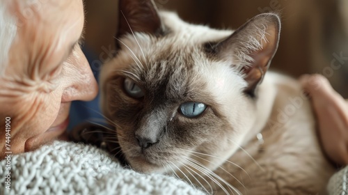 Elderly Woman Stroking Blue-Eyed Siamese Cat at Home