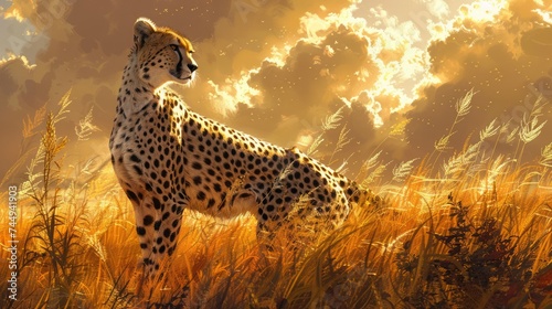 Majestic Cheetah Standing in Golden Savannah at Sunset