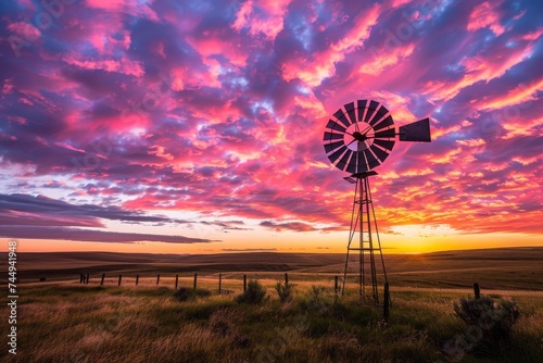 A solitary windmill stands against a dramatic sunset sky, with vibrant pink and orange hues painting the vast prairie landscape