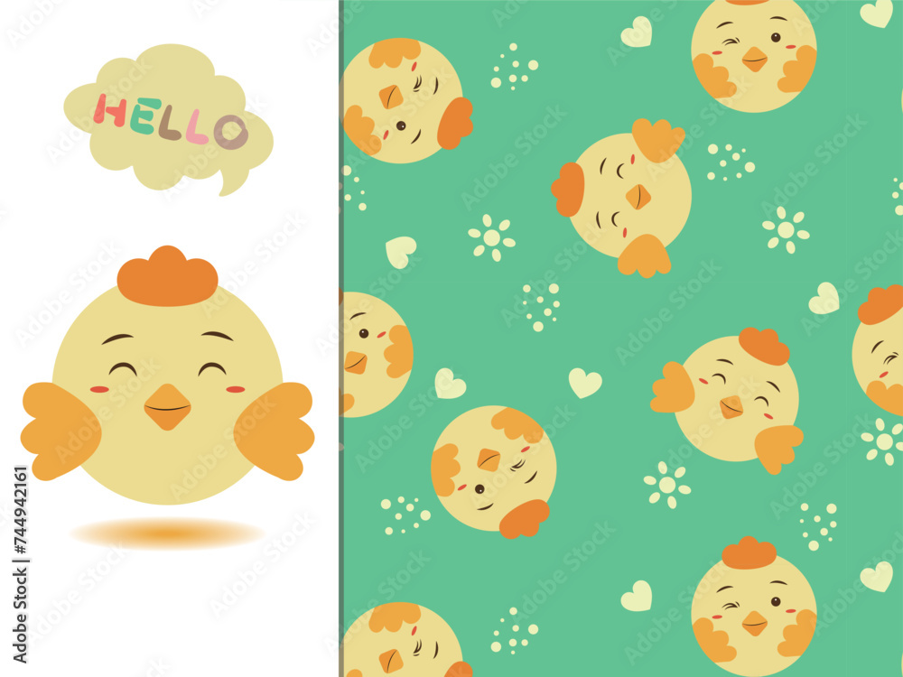Seamless pattern with cute chick. Green background. Vector illustration in funny cartoon style. Seamless pattern with cute chick. Green background. Vector illustration in funny cartoon style.