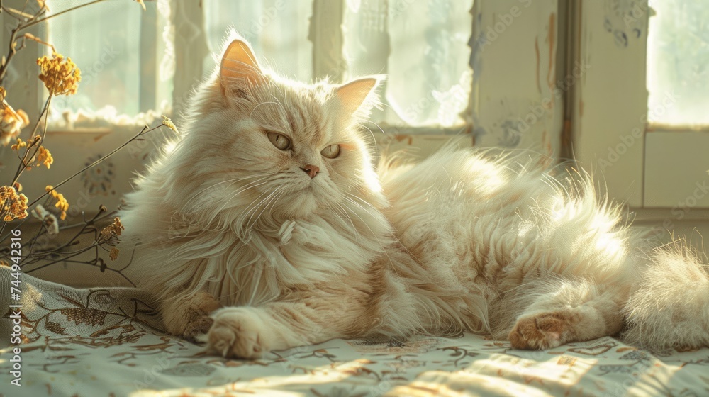 Serene Long-haired Cat Basking in Sunlight by Window